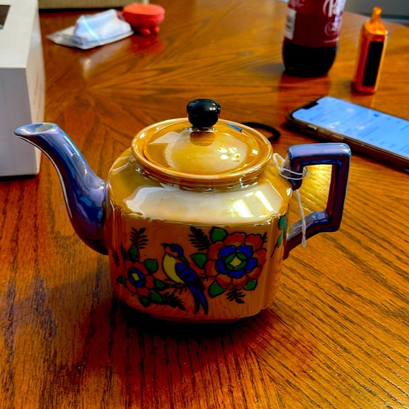 Vintage Lusterware tea pot Bird on Branch Floral Orange and Blue decor c. 1950s - Picture 3 of 11